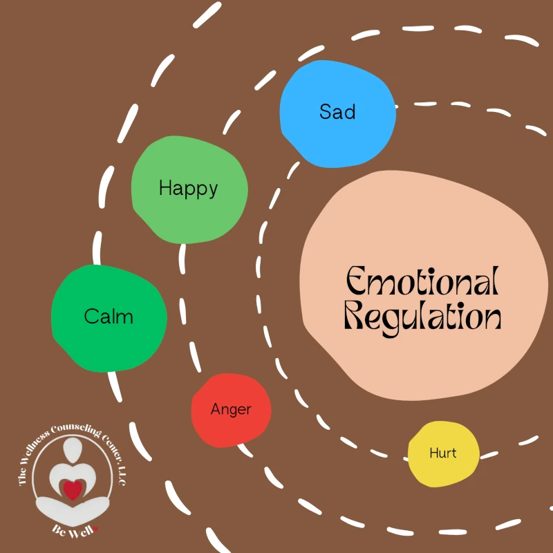 Brown background with colored circles labeled: green "Calm" and "Happy," blue "Sad," red "Anger," yellow "Hurt." Central area reads "Emotional Regulation."